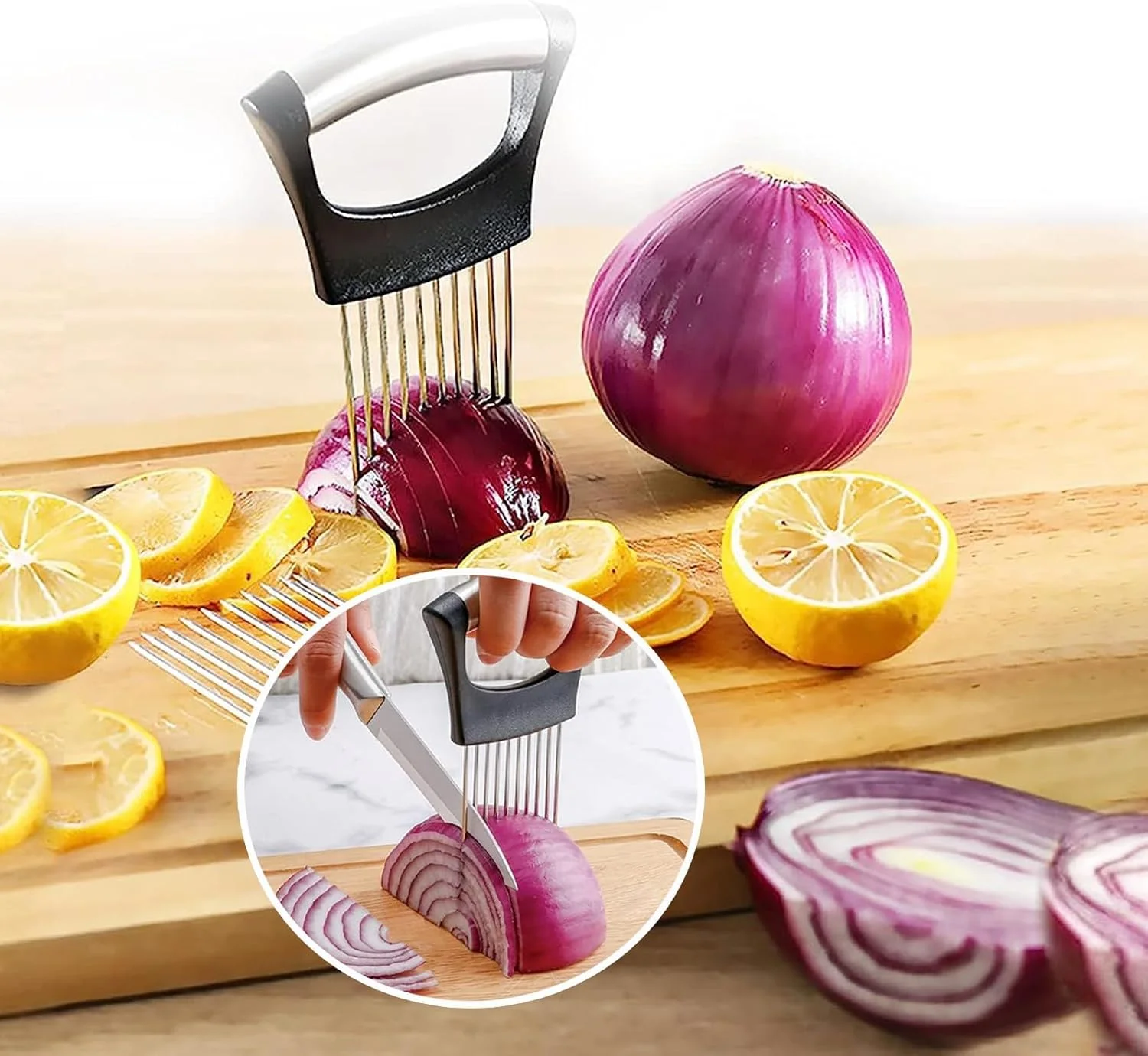 نگهدارنده و برش دهنده پیاز KASTWAVE از جنس استیل ضد زنگ، برش دهنده چند منظوره لیمو و پیاز، برای سیب زمینی، گوجه فرنگی، آووکادو، تخم مرغ، ابزار کمکی برش مواد غذایی برای برش میوه، لیمو و گوشت نگهدارنده و برش دهنده پیاز KASTWAVE از جنس استیل ضد زنگ، برش دهنده چند منظوره لیمو و پیاز، برای سیب زمینی، گوجه فرنگی، آووکادو، تخم مرغ، ابزار کمکی برش مواد غذایی برای برش میوه، لیمو و گوشت