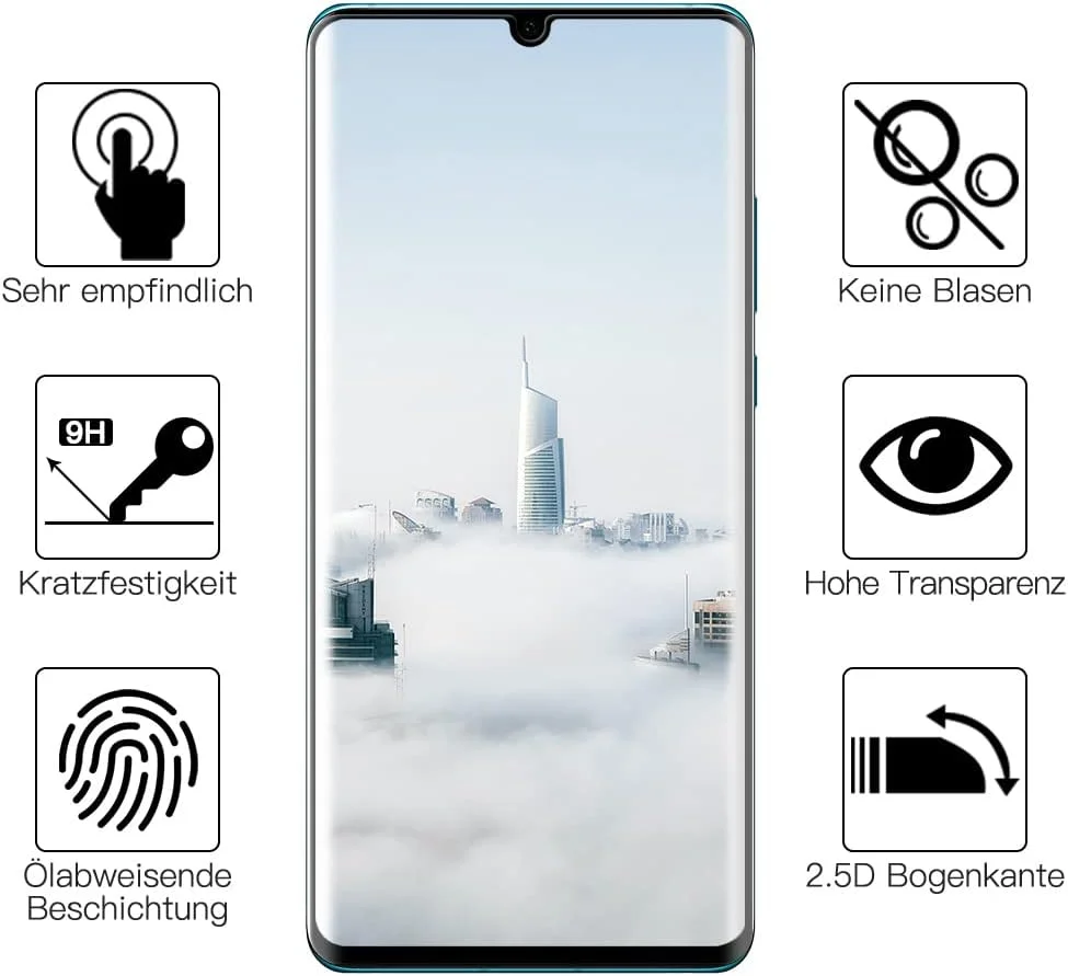 محافظ صفحه نمایش POOPHUNS برای Huawei P30 Pro، بسته 2 عددی، فیلم شیشه ای حرارت دیده، پوشش کامل سه بعدی، سازگار با قاب، بدون حباب، ضد خش، حساس به لمس، محافظ صفحه نمایش HD