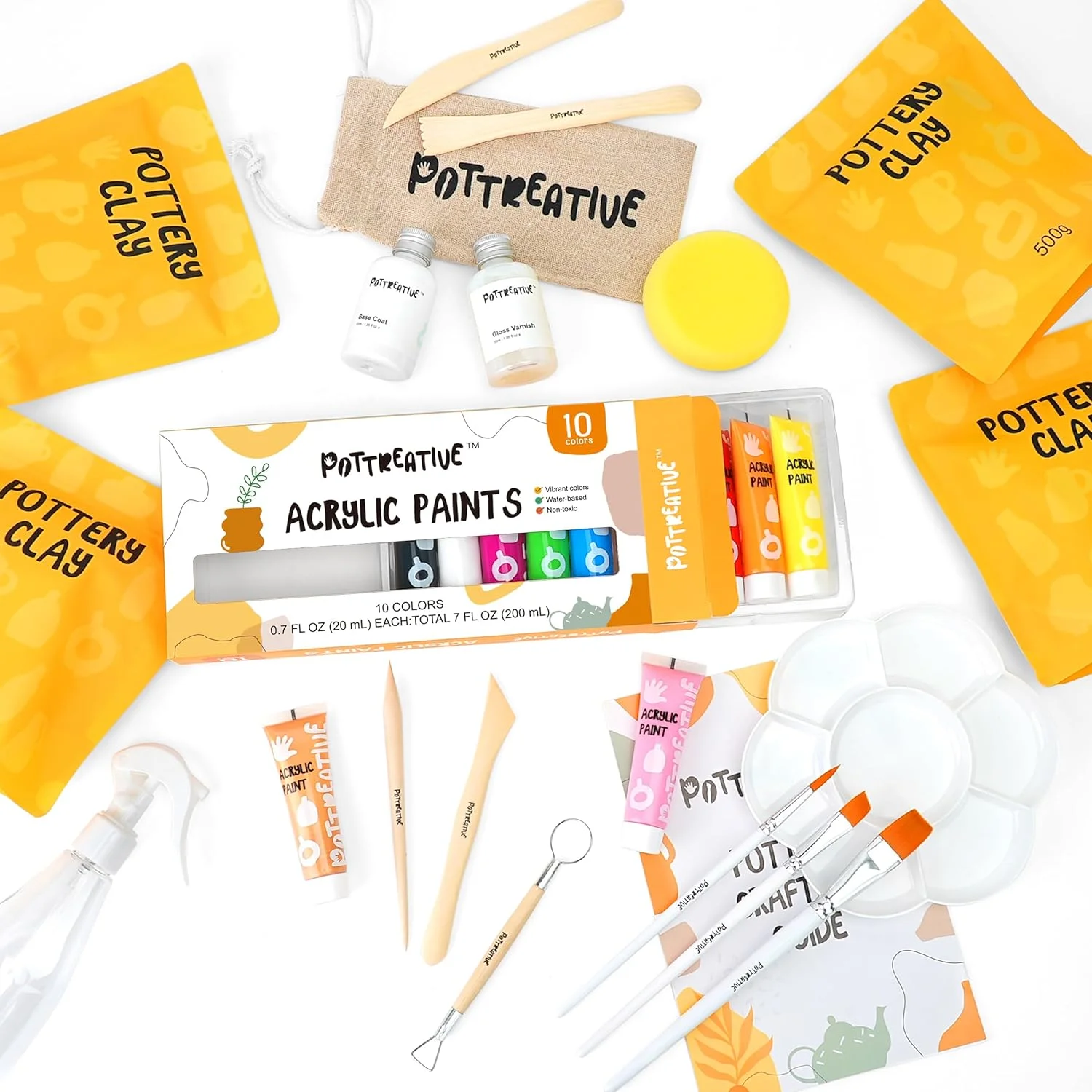 ست سفالگری با خاک رس خشک شونده در هوا POTTREATIVE - ست های مبتدی سفالگری DIY خانگی با خاک رس خشک شونده در هوا، ابزارهای مجسمه سازی سفالگری و راهنمای گام به گام - عالی برای شب قرار، سرگرمی صنایع دستی هنری