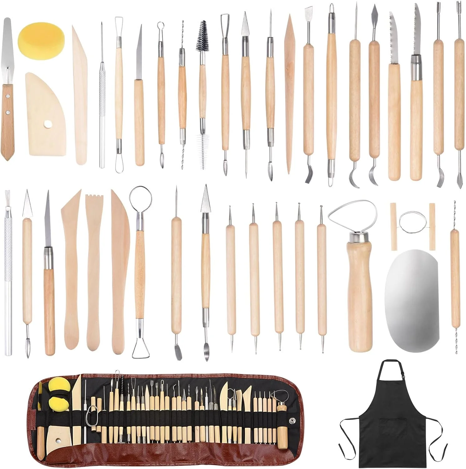 ست ابزار سفالگری 42 تکه هرفینگتون، کیت مجسمه سازی و پیرایش خاک رس سرامیکی، ابزار مدل سازی، حکاکی و شکل دهی با دسته های چوبی صاف، پیش بند و کیف ابزار، برای مبتدیان و حرفه ای ها