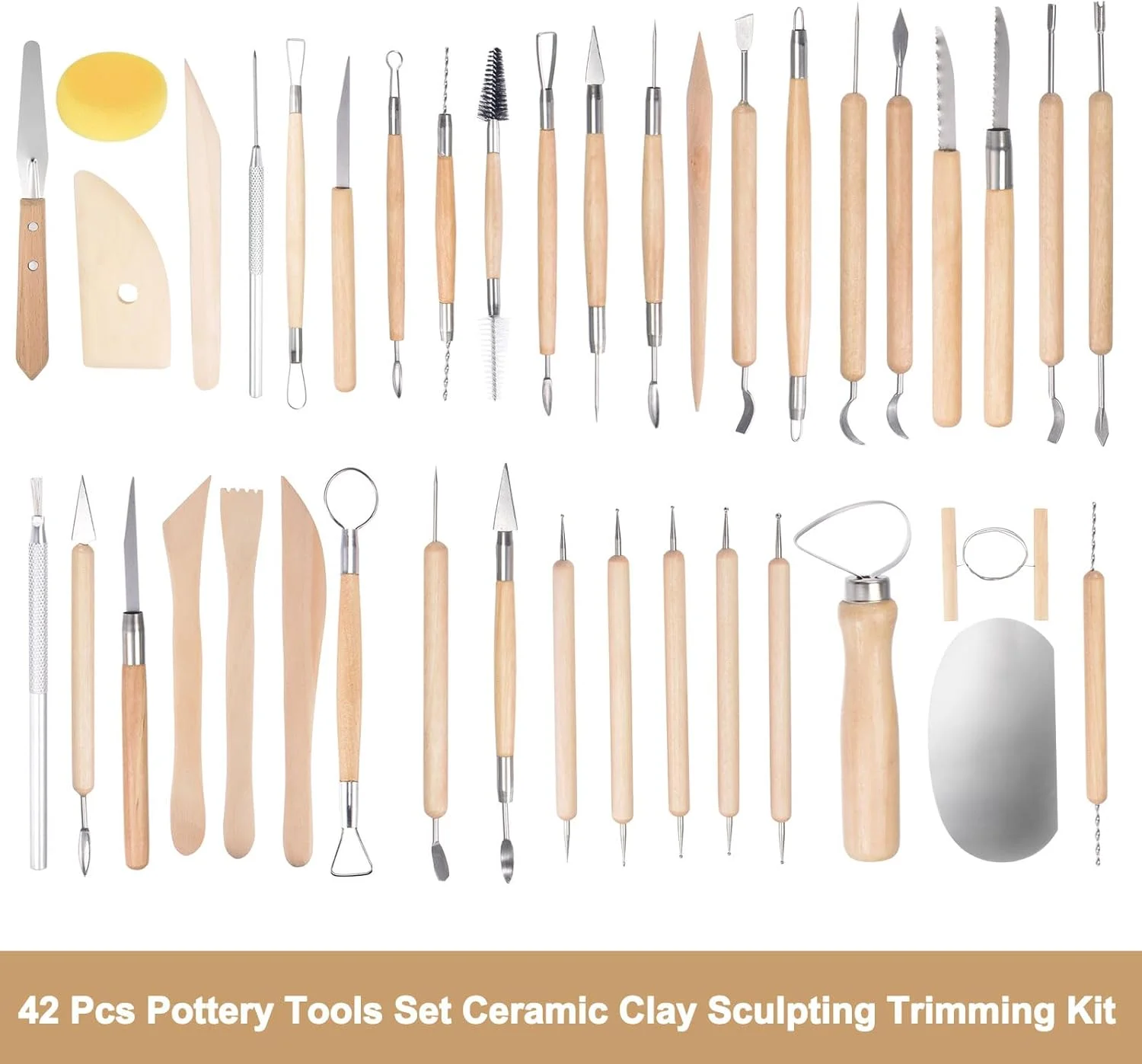 ست ابزار سفالگری 42 تکه هرفینگتون، کیت مجسمه سازی و پیرایش خاک رس سرامیکی، ابزار مدل سازی، حکاکی و شکل دهی با دسته های چوبی صاف، پیش بند و کیف ابزار، برای مبتدیان و حرفه ای ها