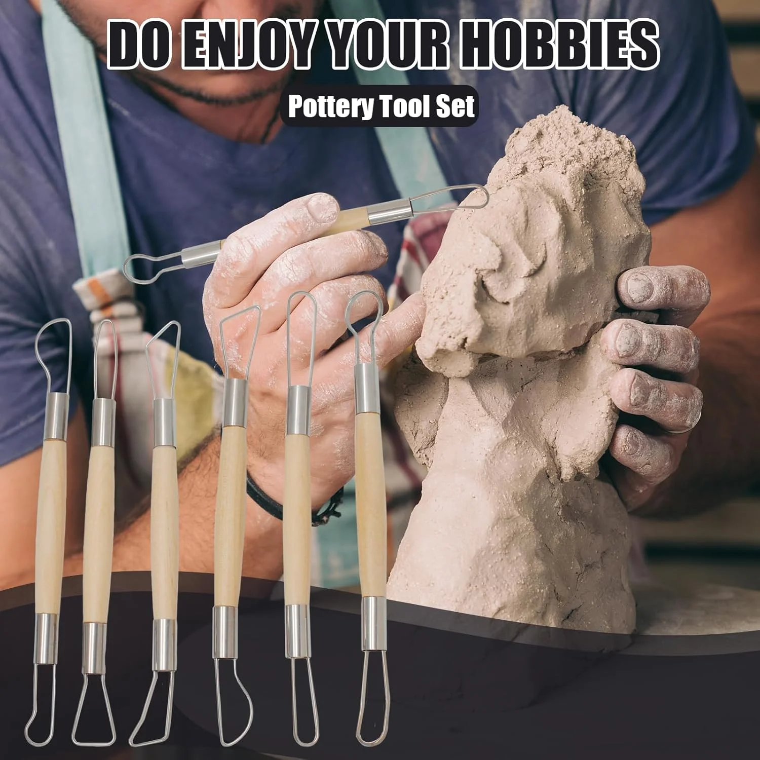 مورتنز، ست 6 عددی ابزار مجسمه سازی سفال و خاک رس، ست ابزار رُبان دسته چوبی دو طرفه برای سفالگری سطح مبتدی و صاف کردن، تمیز کردن، حکاکی، شکل دادن و مجسمه سازی (ست 1)