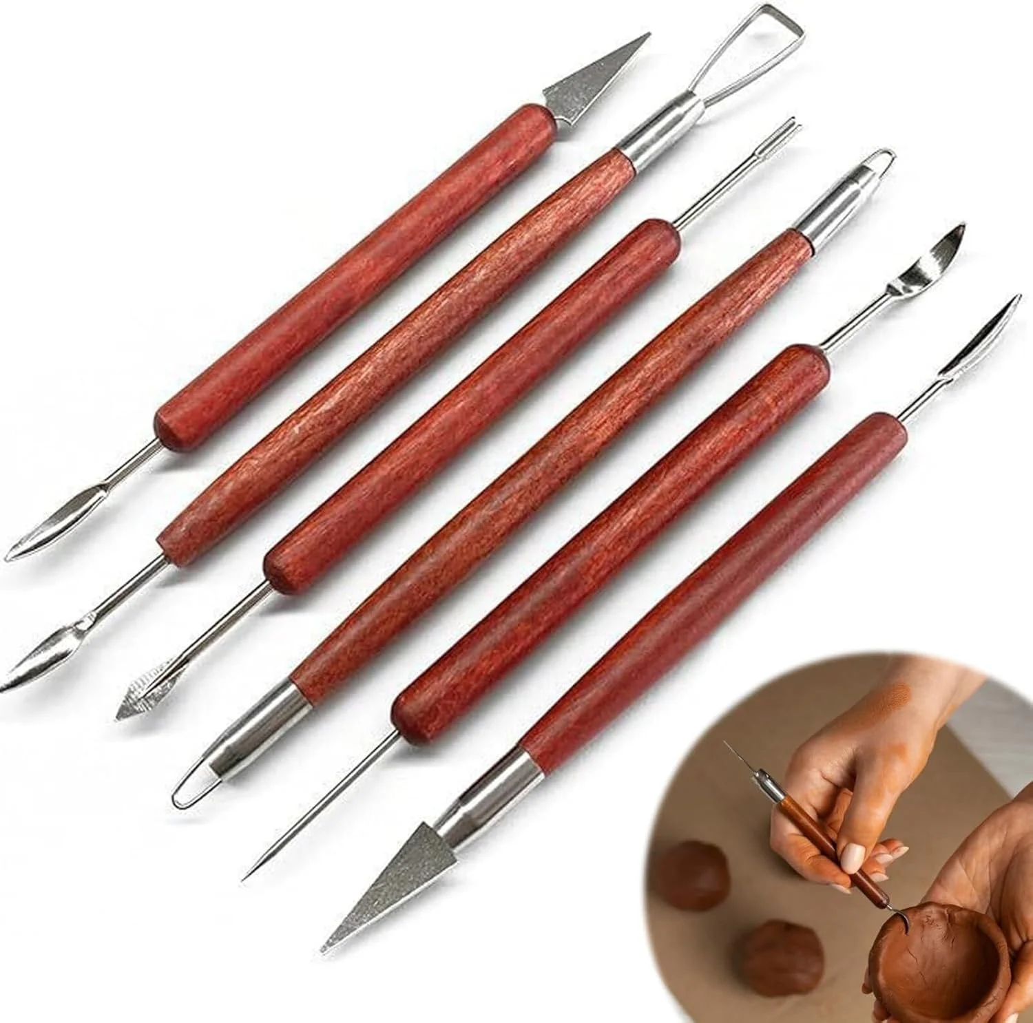 ست ابزار مجسمه سازی رسی 6 تکه، ست مجسمه سازی رسی خشک شونده در هوا، دو طرفه، فلزی و چوبی، برای سفالگری و صنایع دستی هنری، متنوع و بادوام