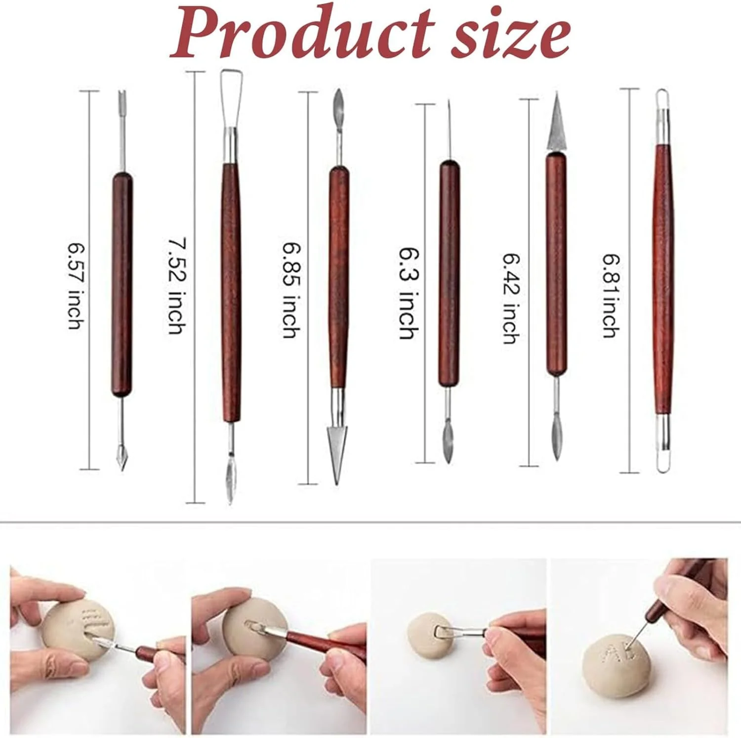 ست ابزار مجسمه سازی رسی 6 تکه، ست مجسمه سازی رسی خشک شونده در هوا، دو طرفه، فلزی و چوبی، برای سفالگری و صنایع دستی هنری، متنوع و بادوام