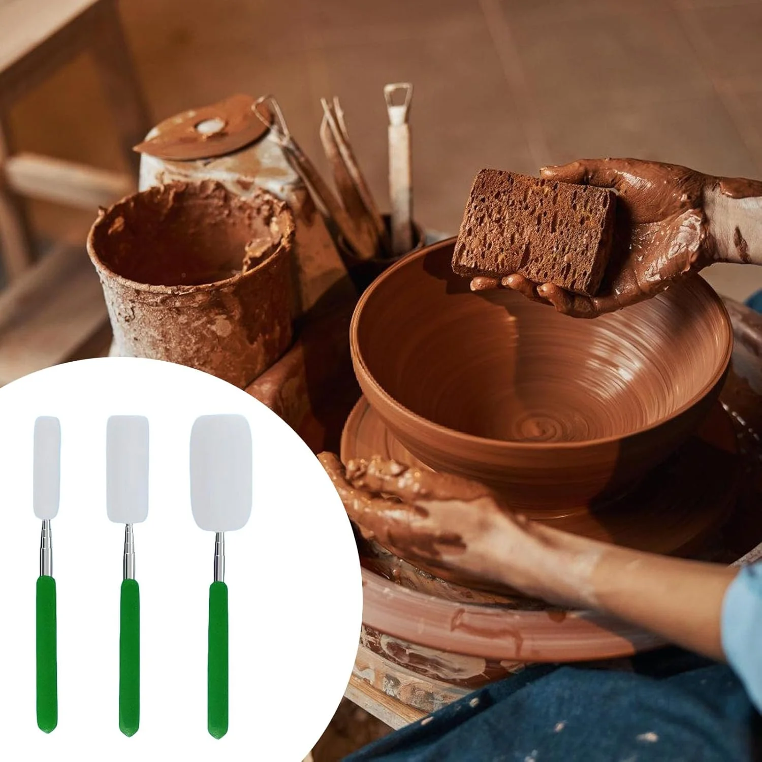 ست 3 عددی اسفنج تلسکوپی YUELER، ابزار اسفنجی سفالی برای حذف آسان آب اضافی از ظروف سفالی بلند یا باریک