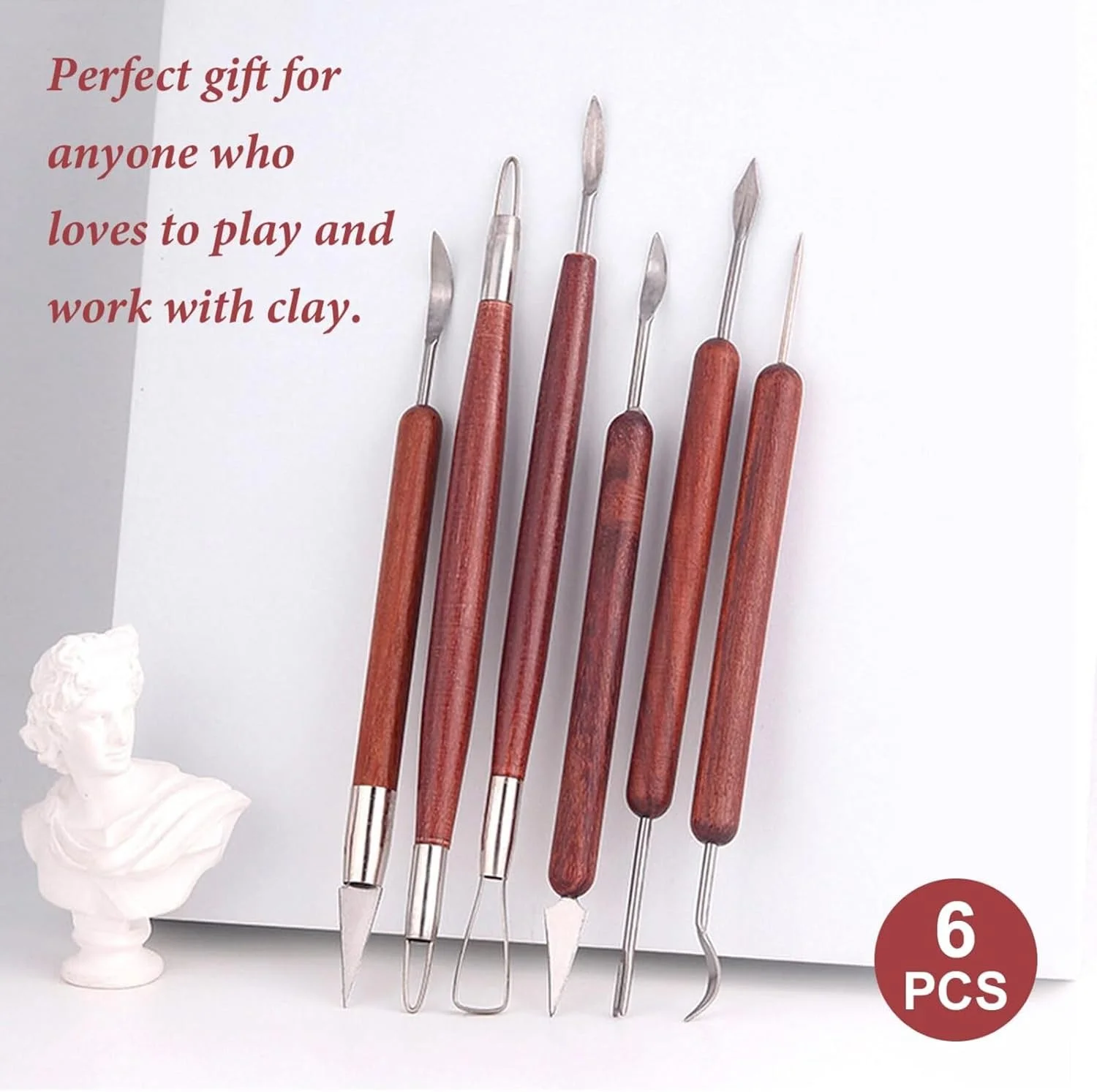 ست ابزار مجسمه سازی رسی 6 تکه، ست مجسمه سازی رسی خشک شونده در هوا، دو طرفه، فلزی و چوبی، برای سفالگری و صنایع دستی هنری، متنوع و بادوام