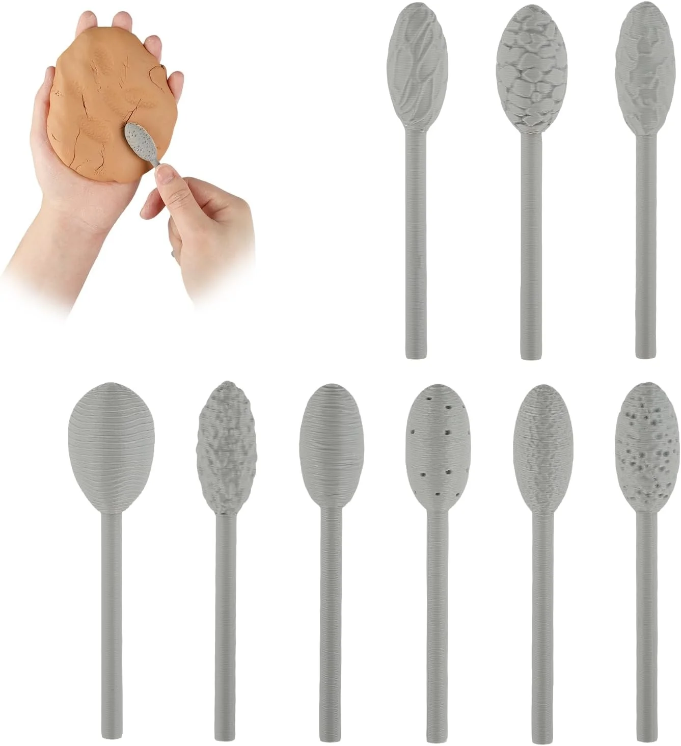 مجموعه ابزار بافت برای هنر سفالگری - کیت 9 عددی غلتک های طرح دار مدل سازی، مجموعه ابزار غلتکی بافت دار سفالی، غلتک بافت دار سفالی، مجموعه ابزار هنر سفالی دست ساز، ابزار برجسته سازی غلتکی سفالی