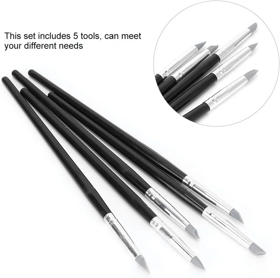 ست 5 عددی ابزار مجسمه سازی سفالی سیلیکونی، مقاوم و ضد لغزش، قلم حکاکی برای طراحی خطوط و پاک کردن رنگ