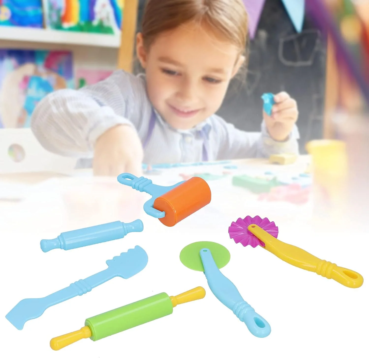 Fdit ست 6 عددی ابزار وردنه و قالب خمیر بازی پلاستیکی برای کودکان، ست غلتک های مدل سازی هنری آموزشی برای خانه یا کلاس