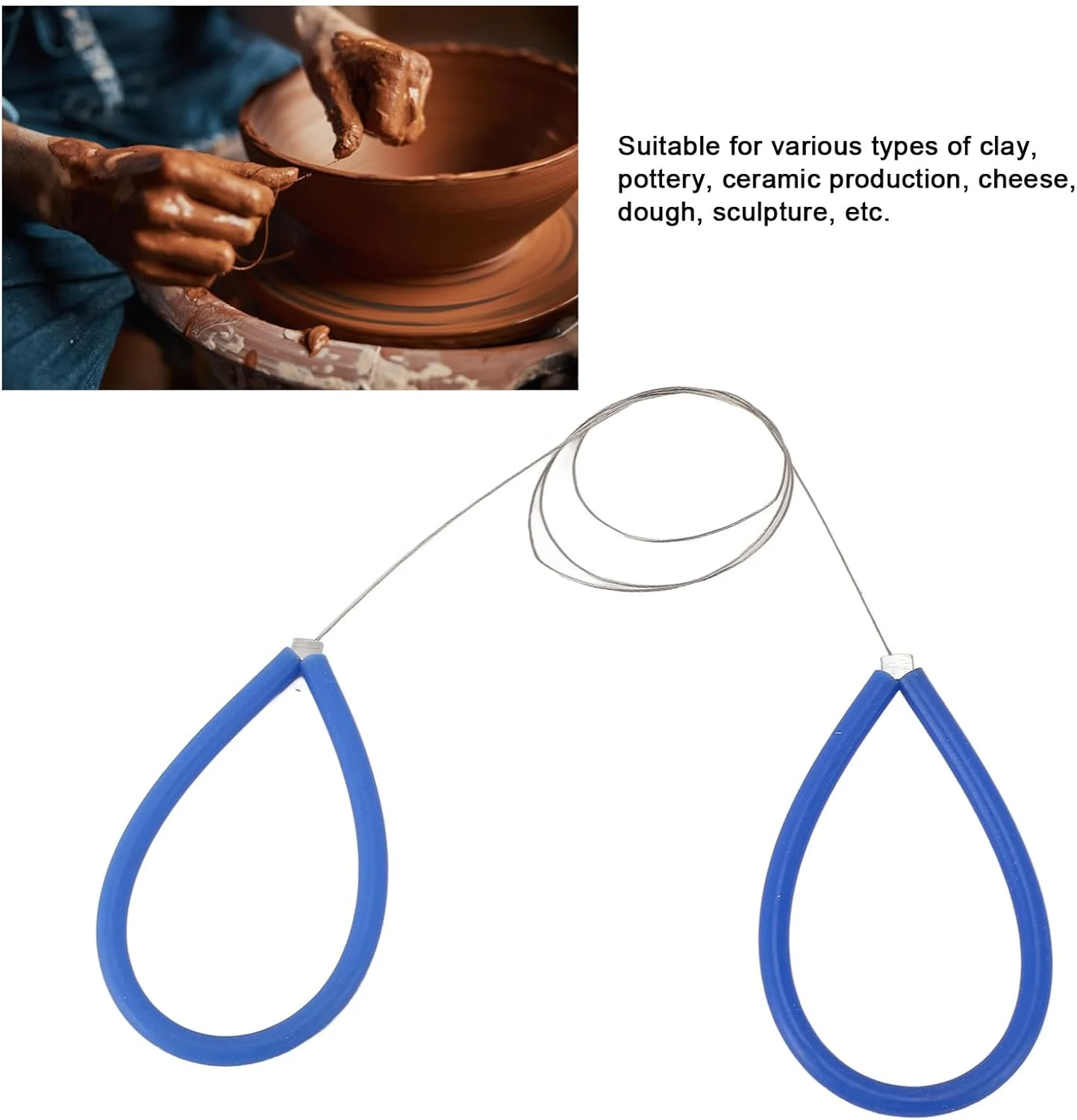 ابزار برش سیم رسی کارآمد، ابزار فولاد ضد زنگ با دسته سیلیکونی راحت، مناسب برای پروژه های مختلف رسی، سرامیک، پنیر، خمیر و مجسمه سازی (آبی)