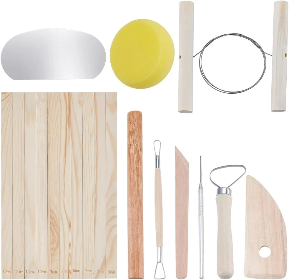 مجموعه ابزار سفالگری FINGERINSPIRE شامل 10 ابزار مجسمه سازی سفالی و رسی به همراه وردنه چوبی و خط کش 5 سایز - ابزار حرفه ای پلیمری برای بزرگسالان، سرامیک، قالب گیری و شکل دهی