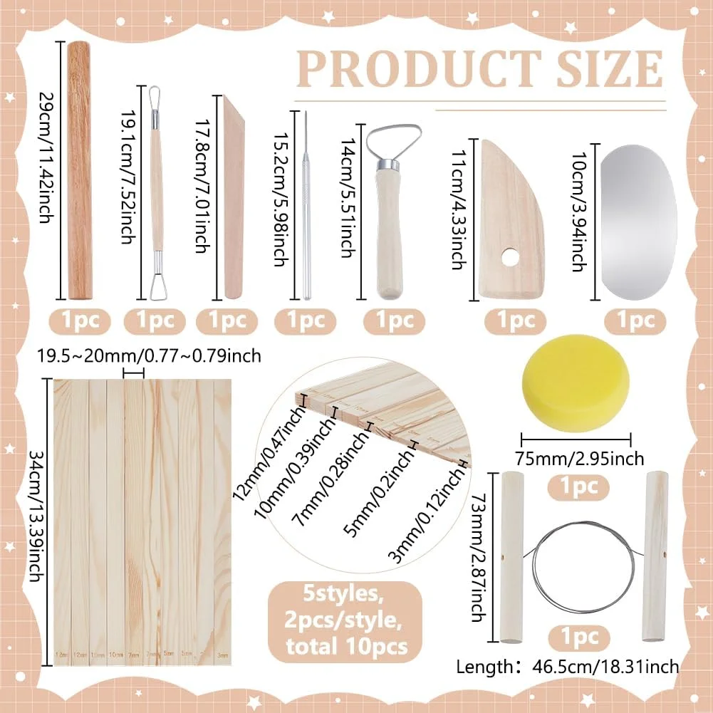 مجموعه ابزار سفالگری FINGERINSPIRE شامل 10 ابزار مجسمه سازی سفالی و رسی به همراه وردنه چوبی و خط کش 5 سایز - ابزار حرفه ای پلیمری برای بزرگسالان، سرامیک، قالب گیری و شکل دهی