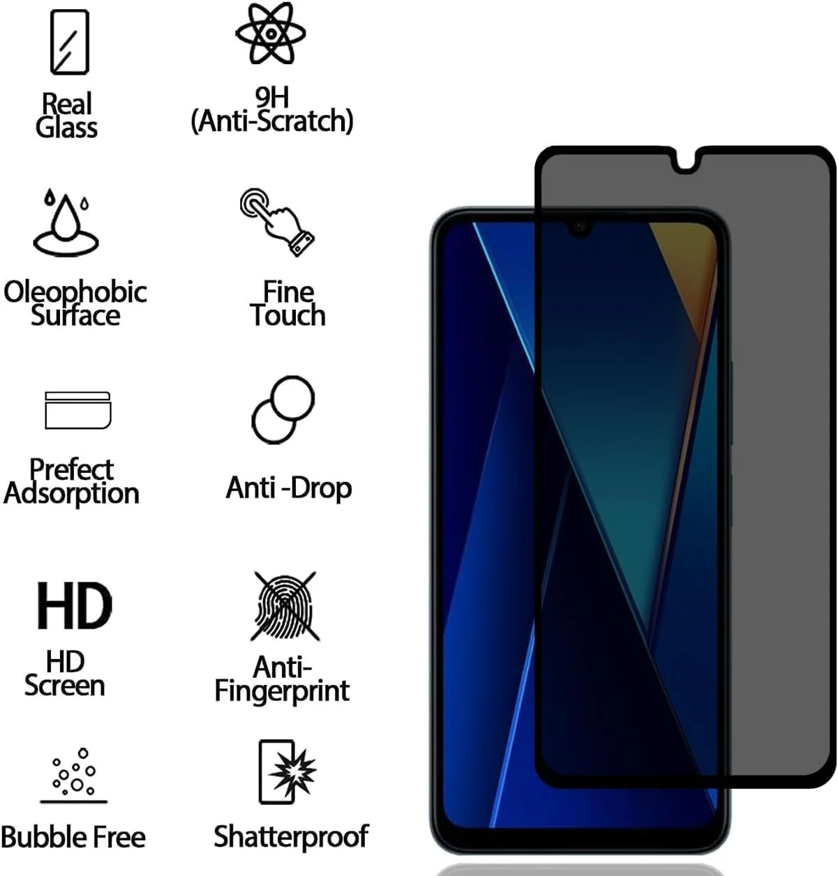 محافظ صفحه نمایش ضد جاسوسی HKess بسته 2 عددی برای Huawei P Smart Plus 2019 - محافظ صفحه نمایش حریم خصوصی تمام صفحه، فیلم شیشه ای حرارت دیده سه بعدی، سختی 9H، پوشش کامل ضد خش