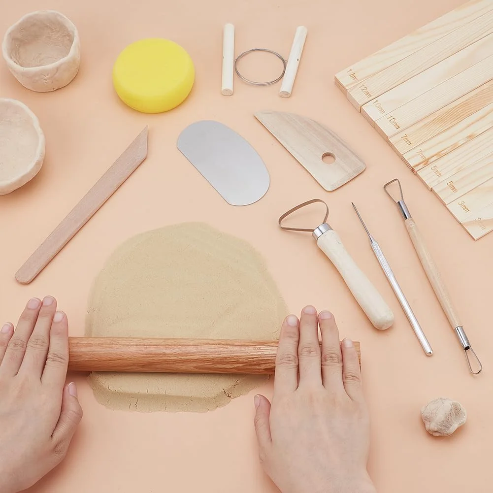 مجموعه ابزار سفالگری FINGERINSPIRE شامل 10 ابزار مجسمه سازی سفالی و رسی به همراه وردنه چوبی و خط کش 5 سایز - ابزار حرفه ای پلیمری برای بزرگسالان، سرامیک، قالب گیری و شکل دهی