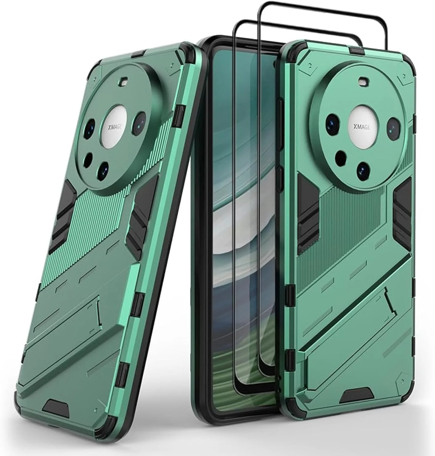 کاور محافظ گوشی هوآوی میت 60 جی ام یو جی آی ای او، کاور ضد ضربه، کاور دارای استند به همراه 2 محافظ صفحه نمایش شیشه ای حرارت دیده - سبز