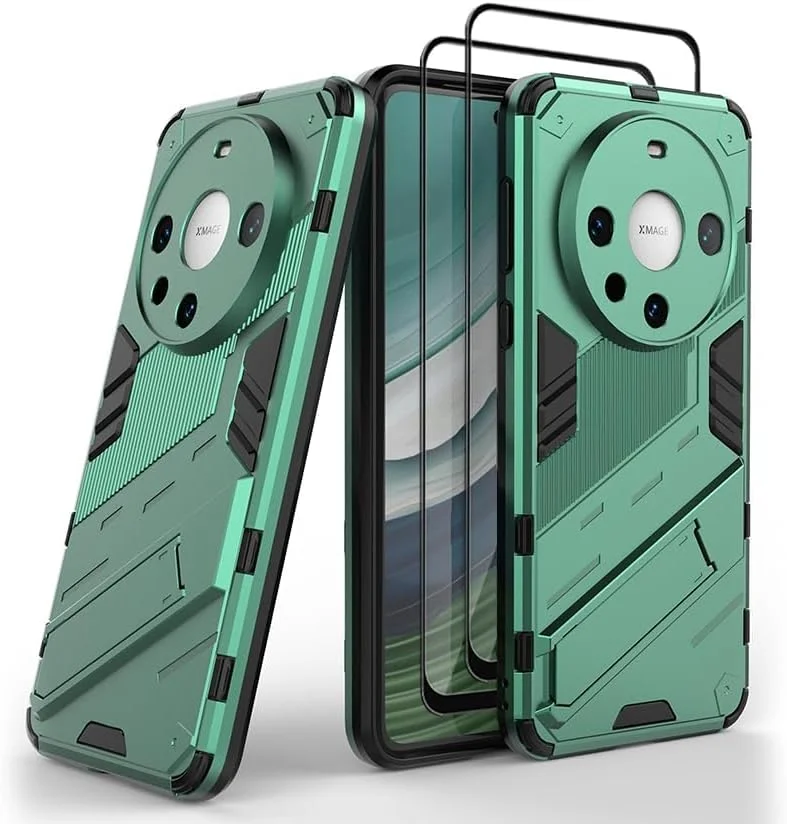 کاور محافظ گوشی هوآوی میت 60 جی ام یو جی آی ای او، کاور ضد ضربه، کاور دارای استند به همراه 2 محافظ صفحه نمایش شیشه ای حرارت دیده - سبز