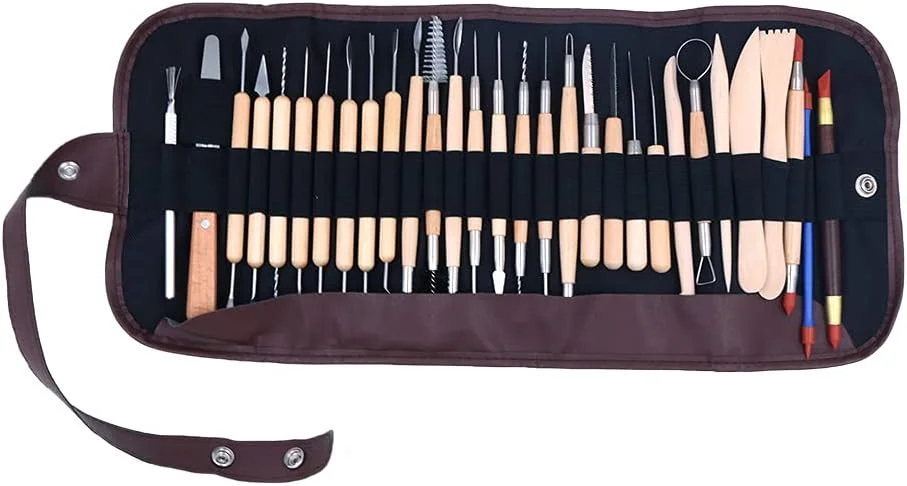 مجموعه 30 عددی ابزار مجسمه سازی خاک رس Namvo، ست مدل سازی ابزار Dab، سفالگری برای صنایع دستی هنری حرفه ای، مجسمه سازی سفالی با کیف ابزار