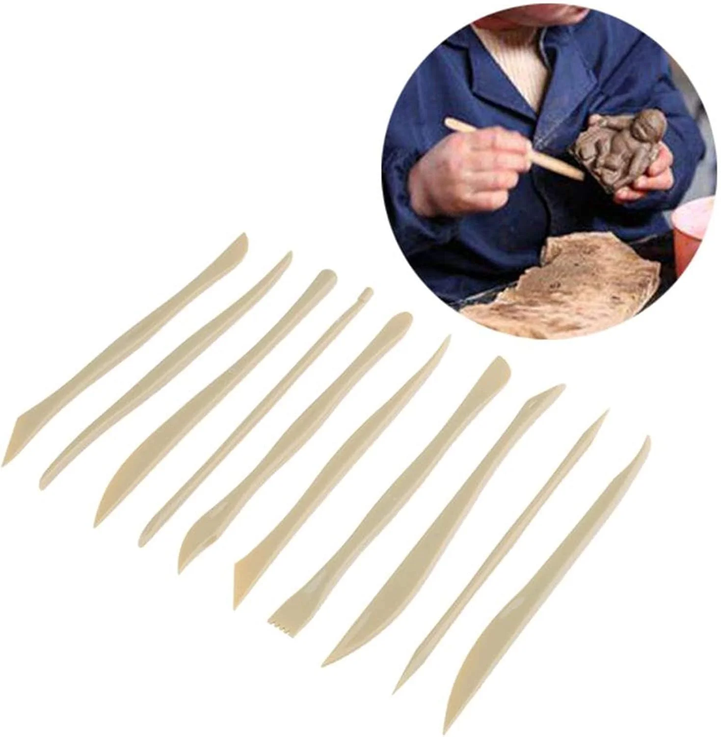 ابزار مجسمه سازی خاک رس، ست ابزار مدل سازی و حکاکی سفال و سرامیک چوبی دو طرفه