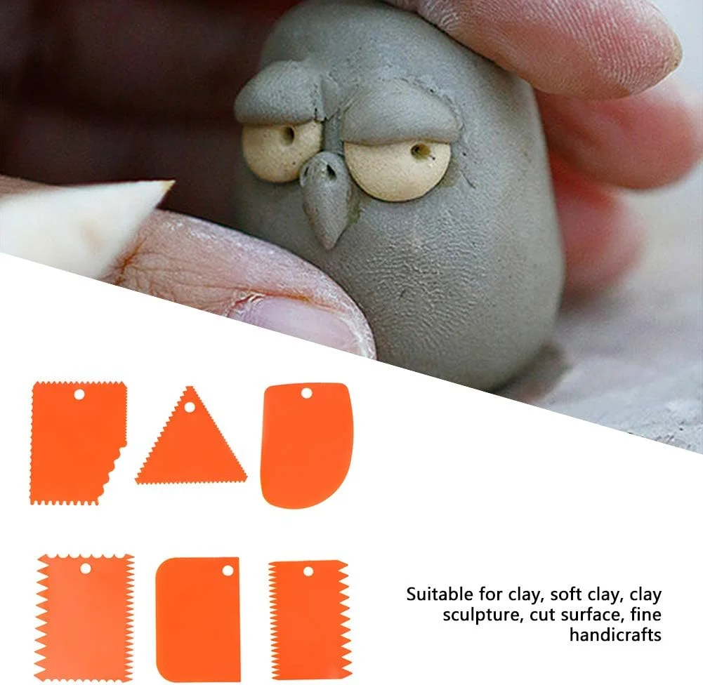 ست 6 عددی کاردک سفالی پلاستیکی نارنجی با دسته نرم، ابزار مجسمه سازی و کنده کاری سفال، مناسب برای DIY و سرامیک، دارای لبه های دندانه دار