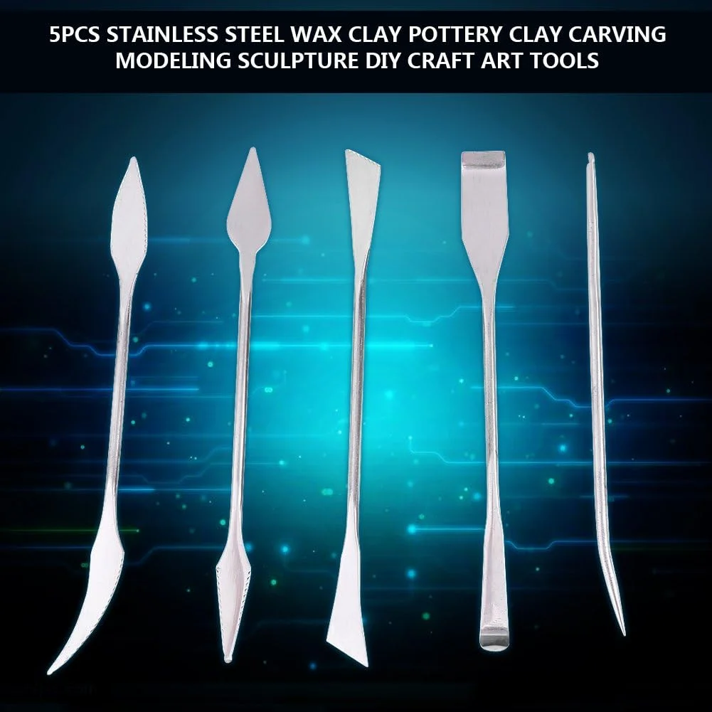 ابزار سفالگری و مجسمه سازی استیل، ست 5 عددی کاردک دو طرفه برای حکاکی، مدل سازی موم، مجسمه سازی و شکل دهی به خاک رس