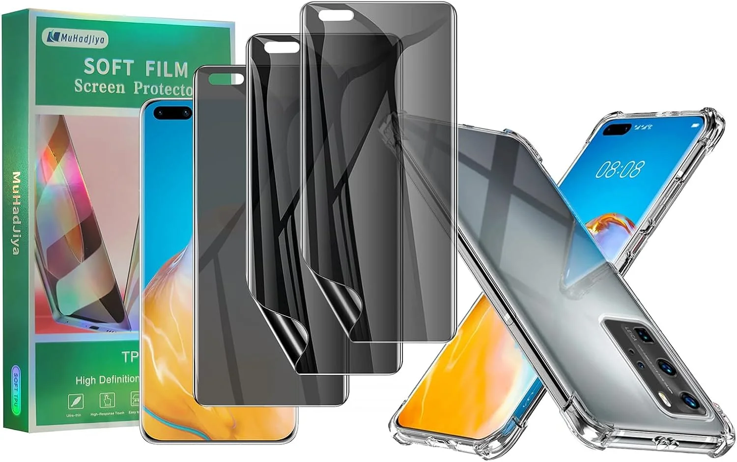 محافظ صفحه نمایش حریم خصوصی نرم MuHadJiya برای Huawei P40 Pro [بسته 4 عددی شامل 3 محافظ صفحه و 1 قاب گوشی TPU شفاف]، فیلم TPU انعطاف پذیر ضد جاسوسی جایگزین با قاب کریستالی (برای Huawei P40 Pro)