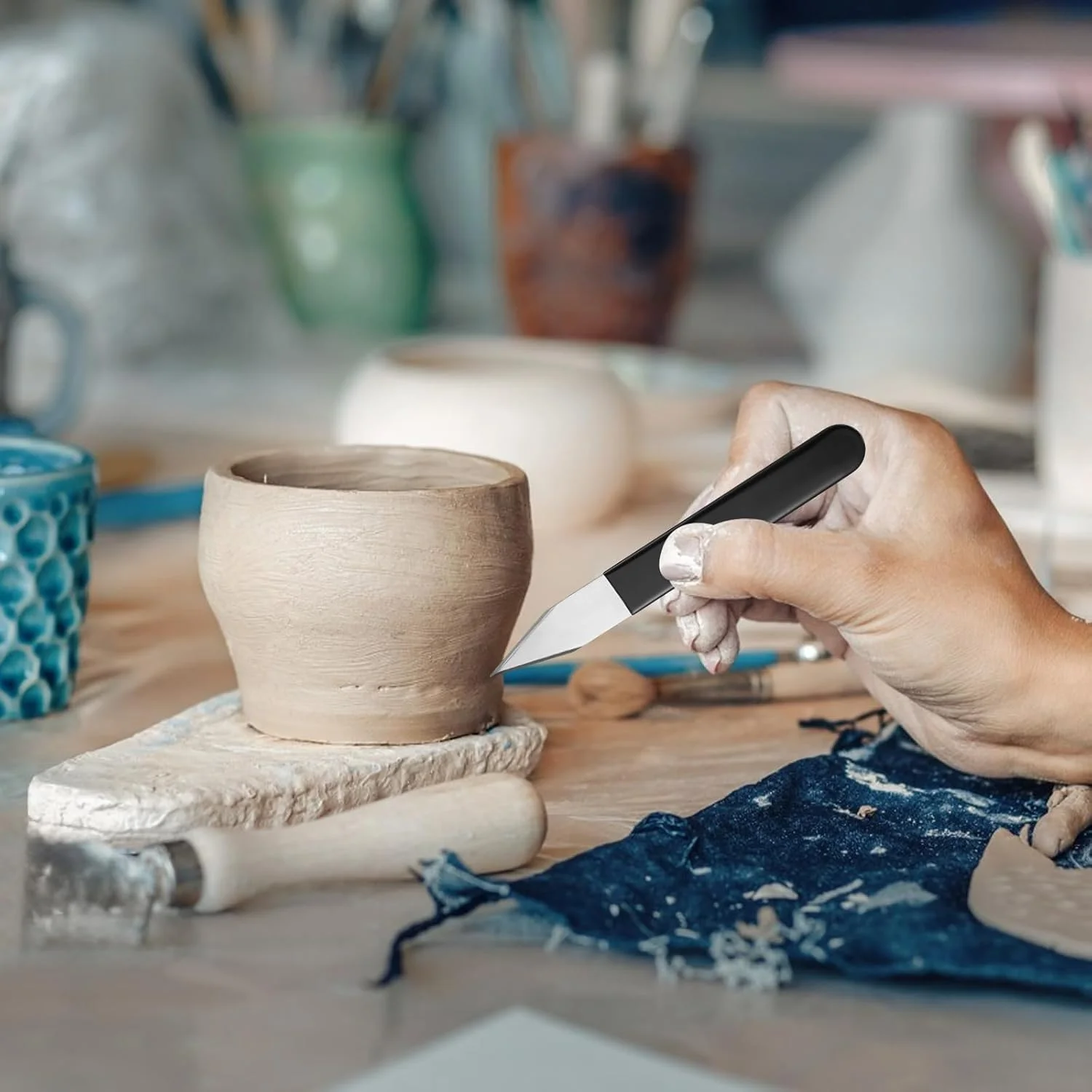 ابزار مجسمه سازی سفالی، ست 4 عددی، چاقوی حکاکی فلزی، ابزار هنری برای برش، شکل دهی و قالب گیری خاک رس