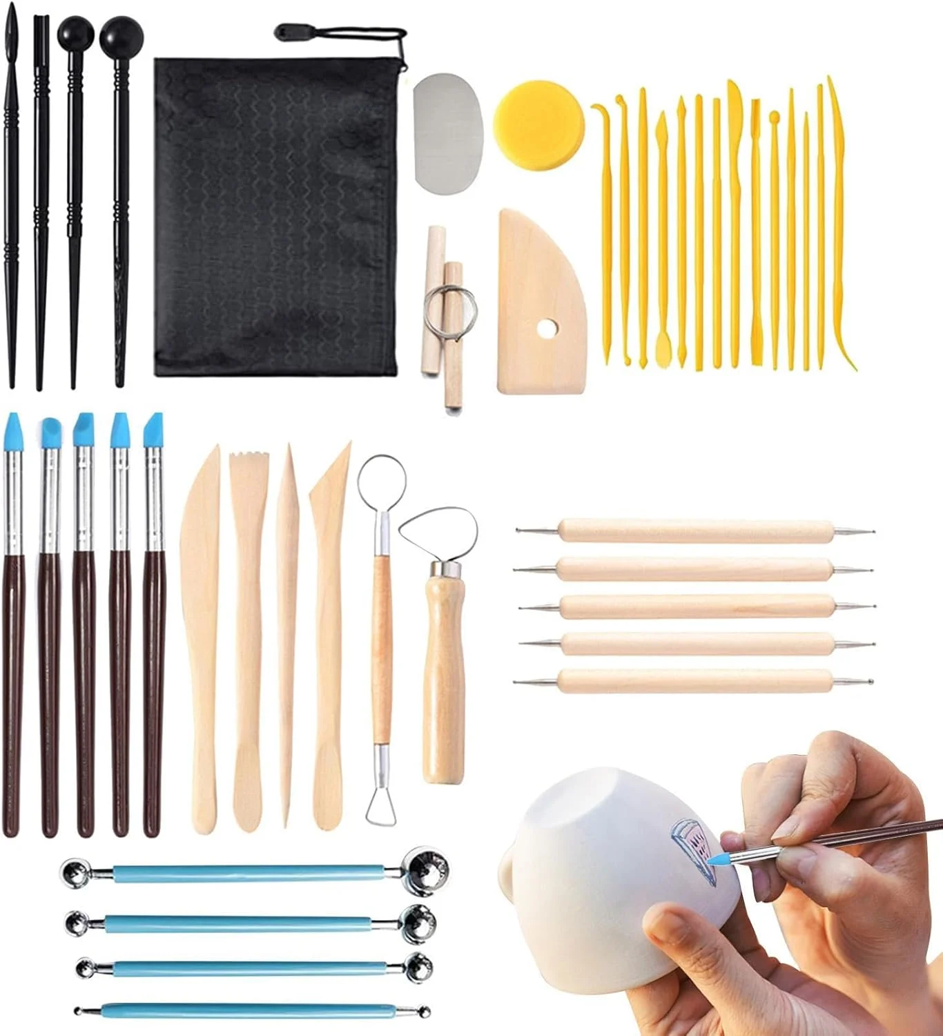 ابزار حکاکی سفالگری | ست ساخت سرامیک کیت سفالگری بزرگسالان با کیف نگهداری | ابزار مدل سازی خاک رس همه کاره، لوازم مجسمه سازی برای شکل دادن، پالایش و سنگ زنی