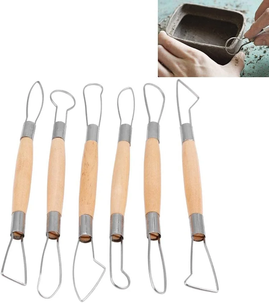 ابزار مجسمه سازی خاک رس، 6 عدد ابزار خاک رس دسته چوبی دو طرفه ابزار مجسمه سازی روبانی برای سفالگری، مجسمه سازی سرامیک، حکاکی موم، ابزار مدل سازی صنایع دستی خراشنده