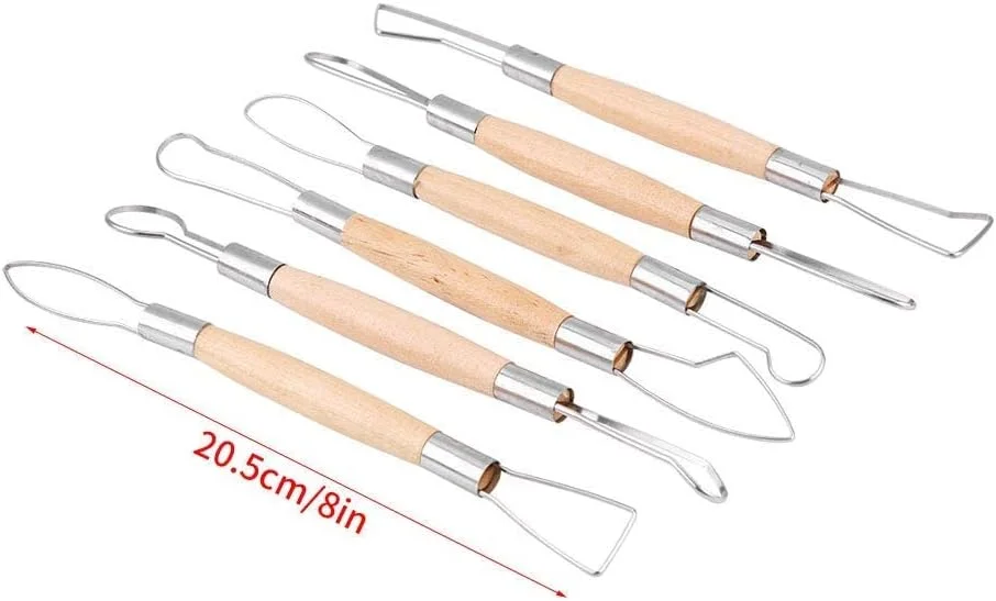 ابزار مجسمه سازی خاک رس، 6 عدد ابزار خاک رس دسته چوبی دو طرفه ابزار مجسمه سازی روبانی برای سفالگری، مجسمه سازی سرامیک، حکاکی موم، ابزار مدل سازی صنایع دستی خراشنده