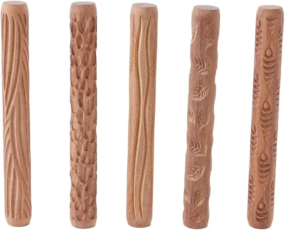 غلتک دستی ابزار سفالگری Hoite، مجموعه 5 عددی، غلتک گِلی با بافت چوبی، میله منقش برای غلتک طرح دار گِل