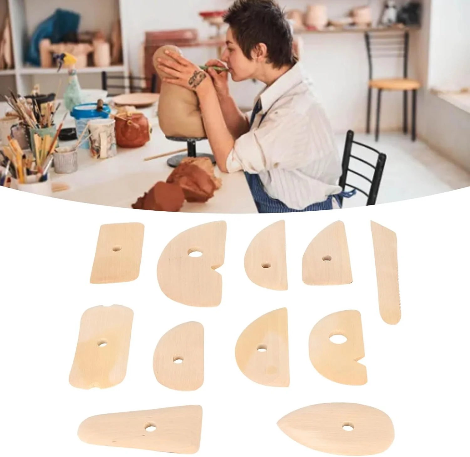 ست ۱۱ عددی ابزار پرداخت سفالگری چوبی حرفه ای، شکل دهنده پایه سرامیکی، ابزار حکاکی، پرداخت و مجسمه سازی خاک رس برای سفالگری، سرامیک و هنر خاک رس