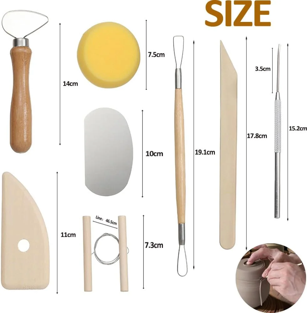 مجموعه 12 عددی ابزار سفالگری سرامیکی، ابزار مدل سازی پلاستیکی خمیر پلیمری فلزی خشک شونده در هوا، ابزار مجسمه سازی سفالی چوبی برای حکاکی مبتدیان
