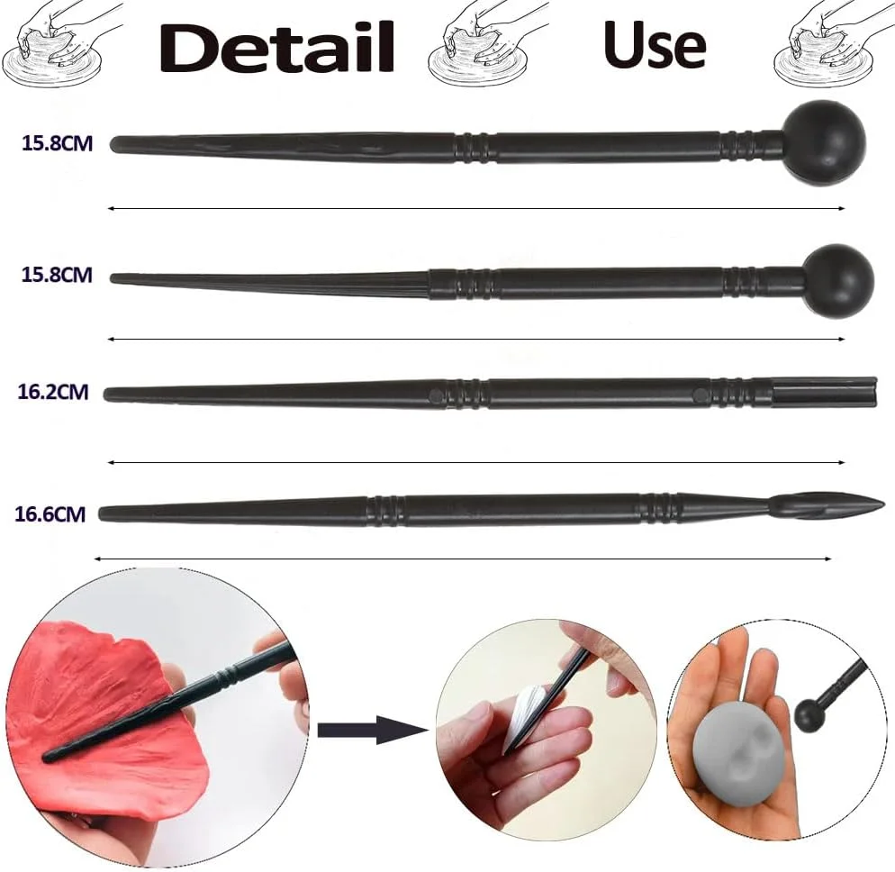 مجموعه 12 عددی ابزار سفالگری سرامیکی، ابزار مدل سازی پلاستیکی خمیر پلیمری فلزی خشک شونده در هوا، ابزار مجسمه سازی سفالی چوبی برای حکاکی مبتدیان