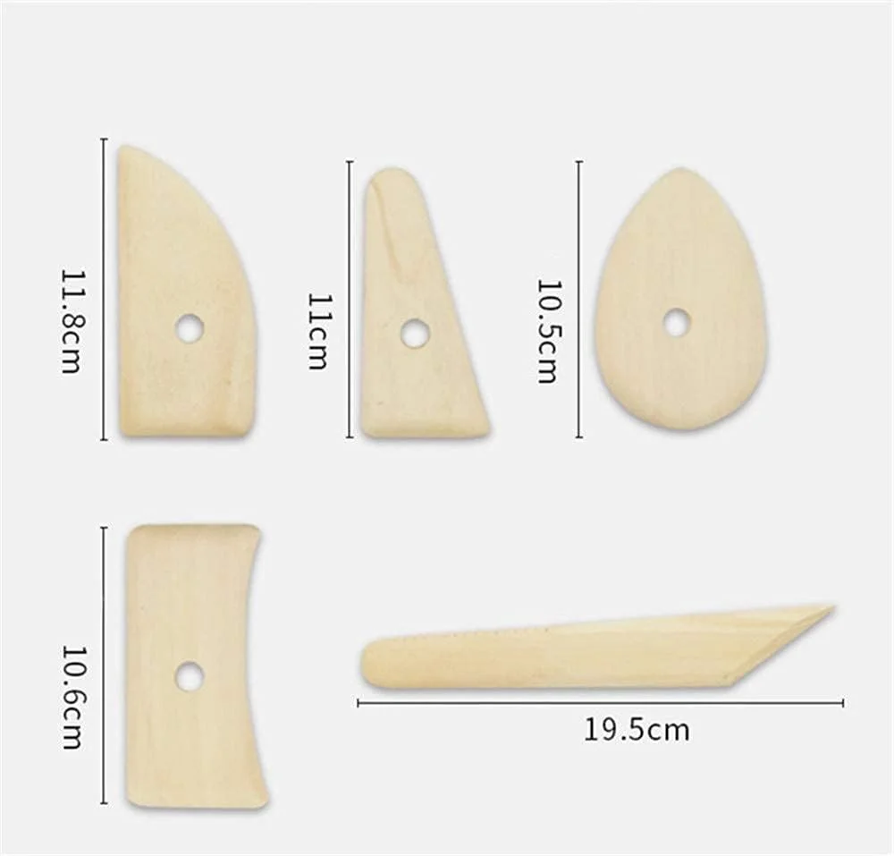 ابزار مجسمه سازی سفالی، 5 تکه ابزار چوبی سرامیک و مجسمه سازی