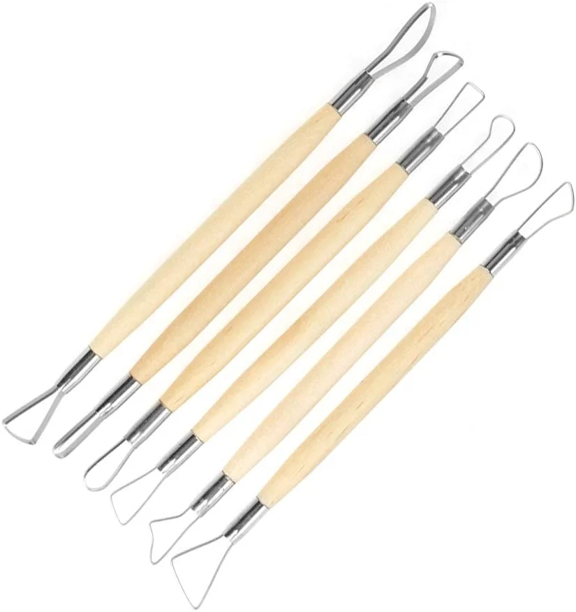 ست 6 عددی ابزار مجسمه سازی خاک رس، دسته چوبی دو طرفه حکاکی موم، ست ابزار مجسمه سازی خاک رس، کیت صنایع دستی مدل سازی سفالگری