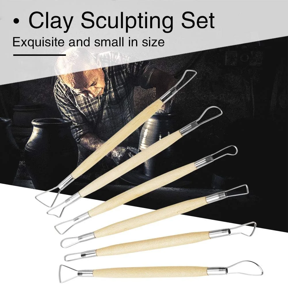 ست 6 عددی ابزار مجسمه سازی خاک رس، دسته چوبی دو طرفه حکاکی موم، ست ابزار مجسمه سازی خاک رس، کیت صنایع دستی مدل سازی سفالگری