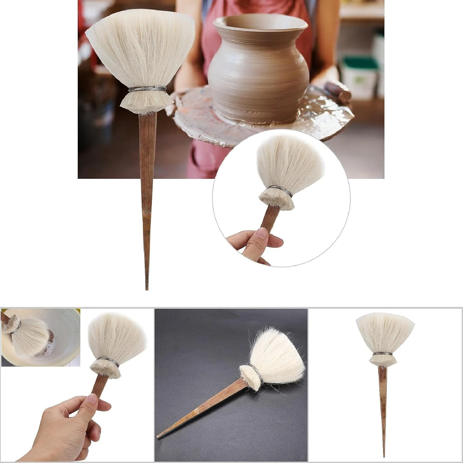 ابزار قلم موی سفالگری، قلم موی آبرسان سرامیک رسی DIY، قلم موی سفالگری پشمی + مواد برای مدل سازی (سر بزرگ متوسط)