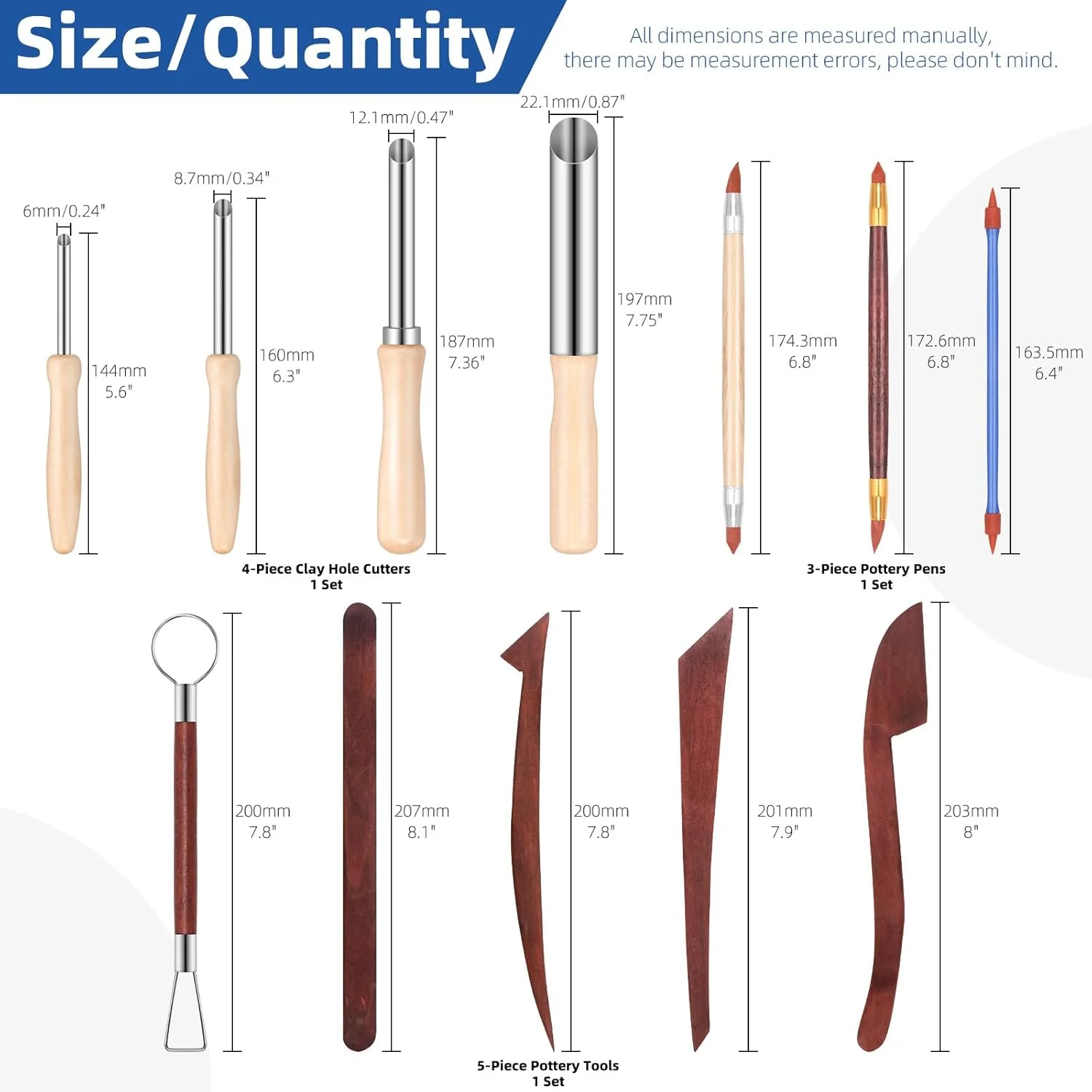 مجموعه 12 عددی ابزار مجسمه سازی و مدل سازی خمیر Glarks، شامل 4 مدل برش دهنده سوراخ گرد خمیر، 5 مدل ابزار مدل سازی خمیر چوبی، 3 مدل مجموعه شکل دهنده نوک رنگی دو سر خمیر