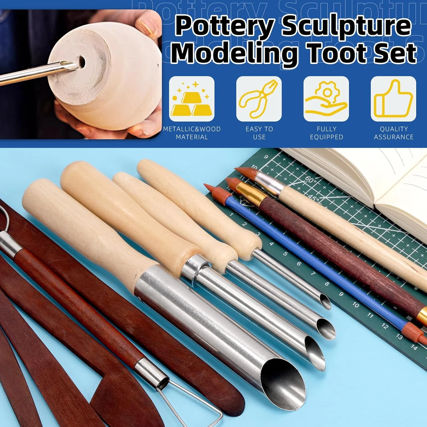 مجموعه 12 عددی ابزار مجسمه سازی و مدل سازی خمیر Glarks، شامل 4 مدل برش دهنده سوراخ گرد خمیر، 5 مدل ابزار مدل سازی خمیر چوبی، 3 مدل مجموعه شکل دهنده نوک رنگی دو سر خمیر