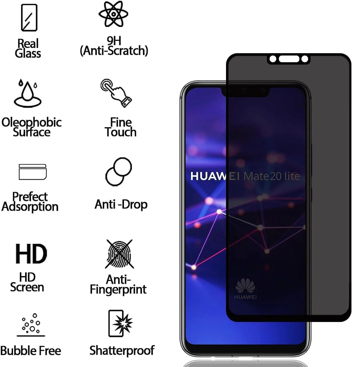 محافظ صفحه نمایش ضد جاسوسی 2 عددی Hkess برای Huawei Honor 8X - محافظ صفحه حریم خصوصی تمام صفحه، فیلم شیشه ای سخت شده سه بعدی، سختی 9H ضد خش و پوشش کامل
