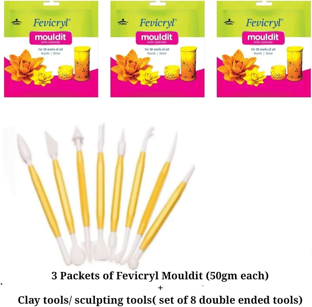 مجموعه پهروین ونچرز شامل 3 بسته خمیر اپوکسی فوی کریل مولدیت/ مولد ایت/ شیلپکار (هر بسته 50 گرم) + ابزار سفالگری/ ابزار مدل سازی/ ابزار مجسمه سازی (مجموعه 8 ابزار دو طرفه) برای هنر و صنایع دستی