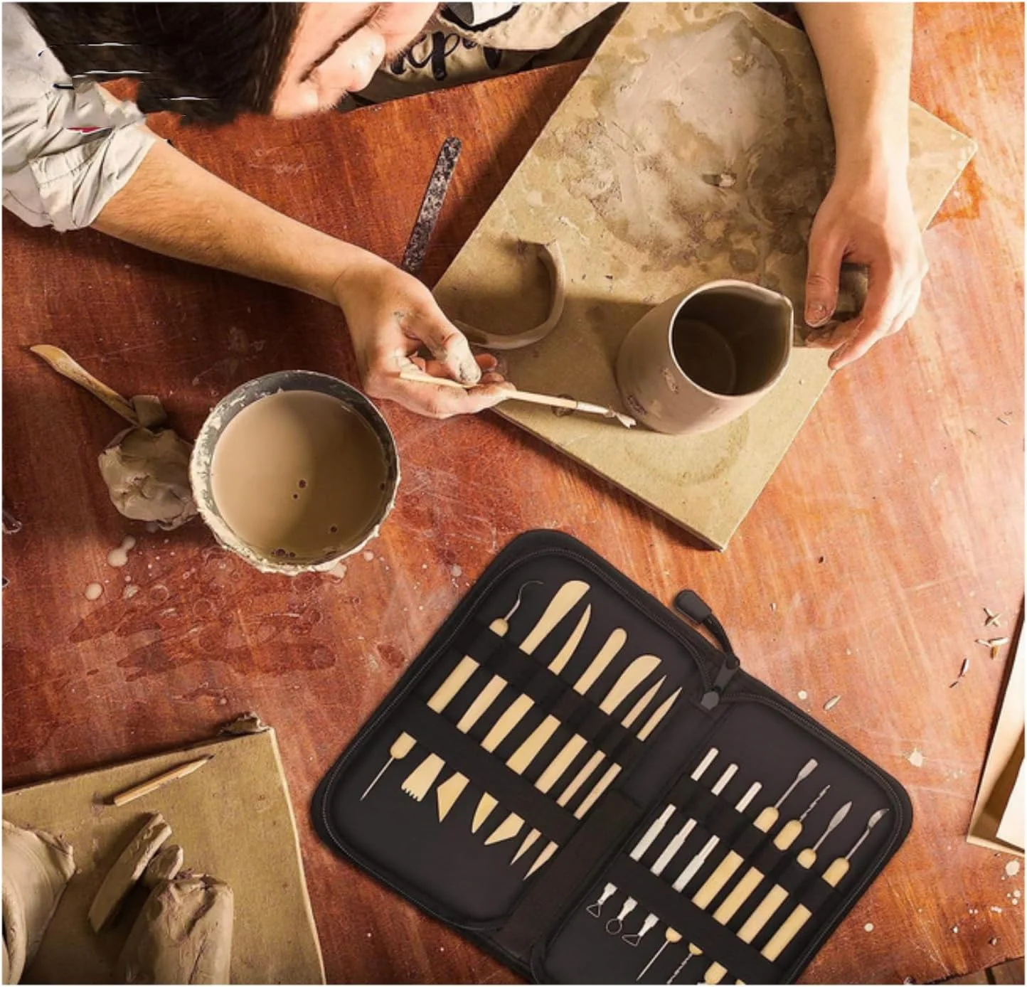 ست ۱۴ عددی ابزار سفالگری و مجسمه سازی خاک رس SKEIDO با کیف زیپی برزنتی