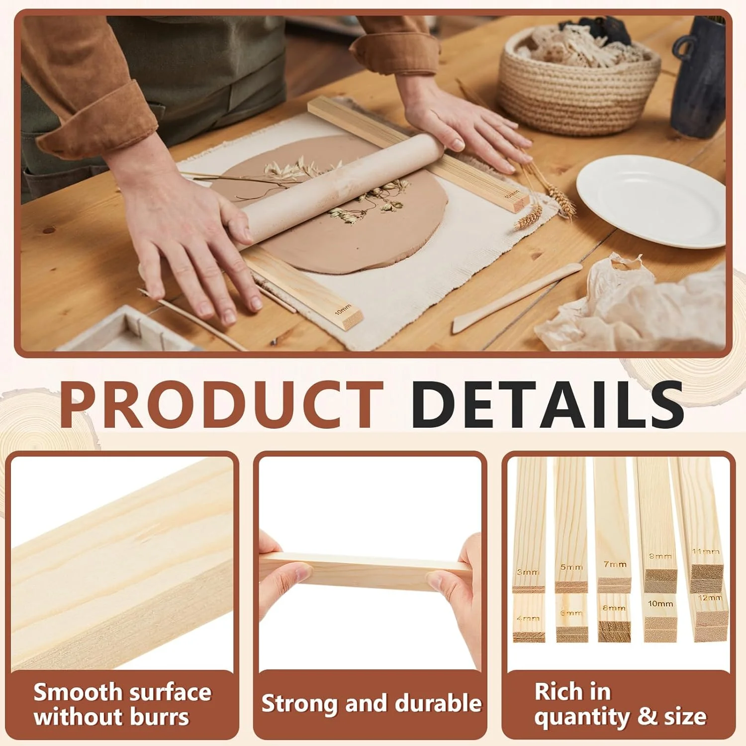 ساسیلیا 20 عددی میله های گِلی غلتکی آموزشی سفالگری، تخته راهنمای گِل، نوارهای چوبی، راهنمای وردنه، ابزار و لوازم سفالگری برای ابزار دستی خمیر پلیمری، هدیه صنایع دستی (سایزهای مختلف)