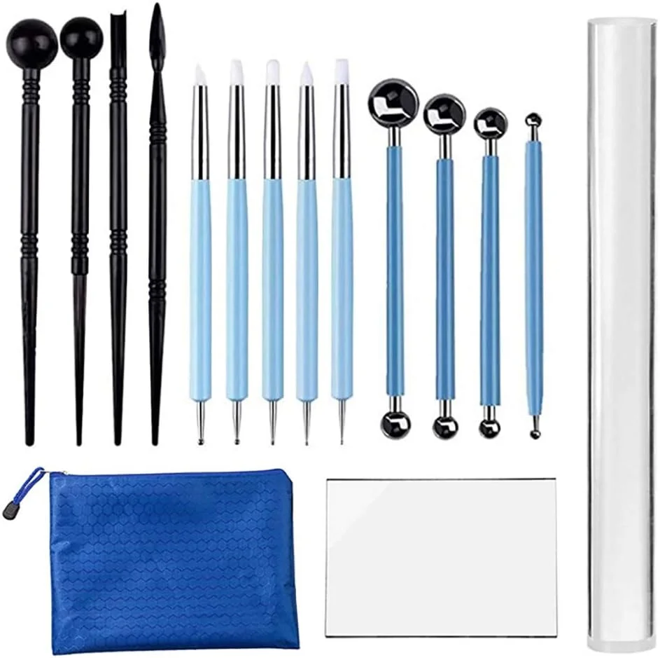 ابزار حکاکی XYJPCCCarving، مجموعه 15 عددی ابزار سفال پلیمری، مجموعه ابزار مدل‌سازی سفال، غلتک و ورق سفال برای مجسمه‌سازی، برجسته‌سازی، طراحی ناخن، تزئین کیک