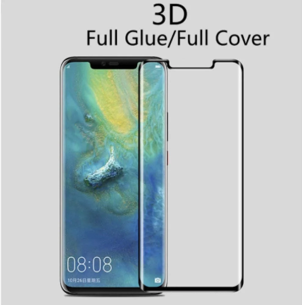 FHNLKFS بسته 3 عددی گلس حرارت دیده خمیده با چسب کامل، مناسب برای گوشی Huawei Mate 20 Pro، محافظ صفحه نمایش سه بعدی خمیده، گلس Huawei Mate 20 Pro