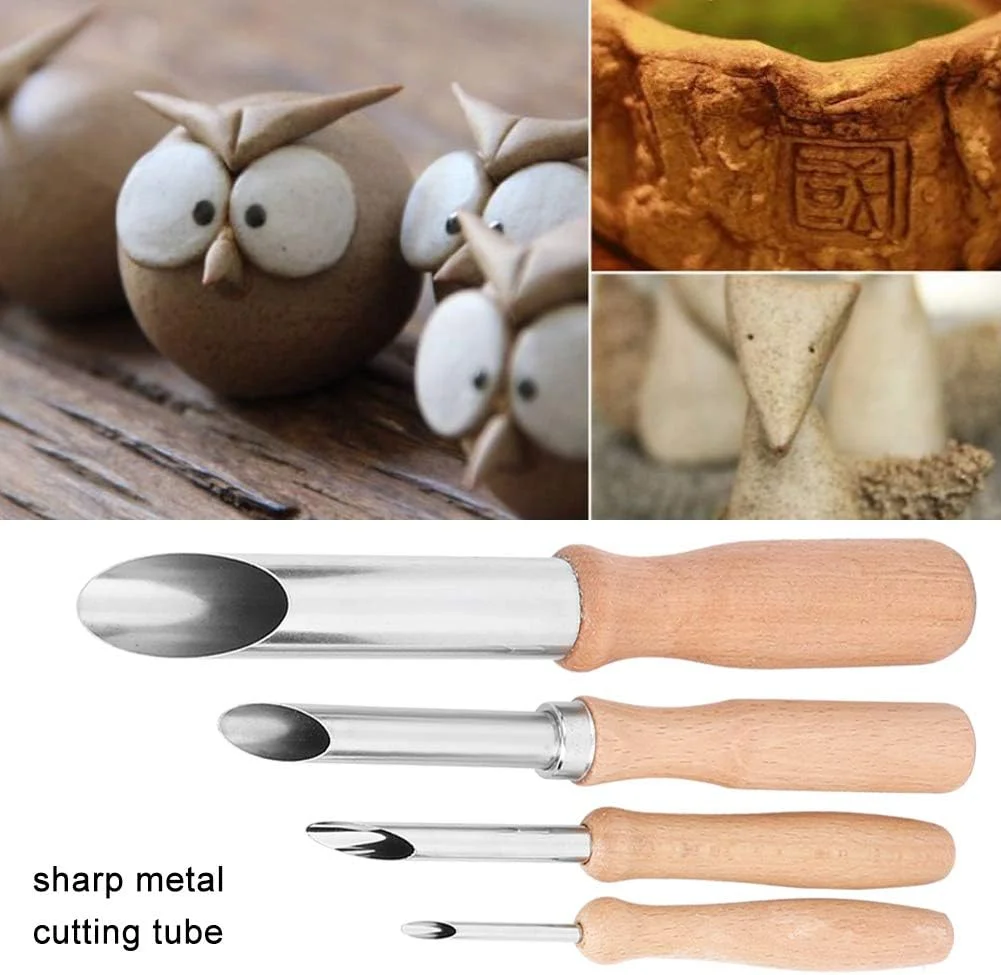 ست ۴ عددی برش دهنده های گرد خمیر رس استیل با دسته چوبی برای سوراخکاری و مجسمه سازی ابزارهای سفالگری