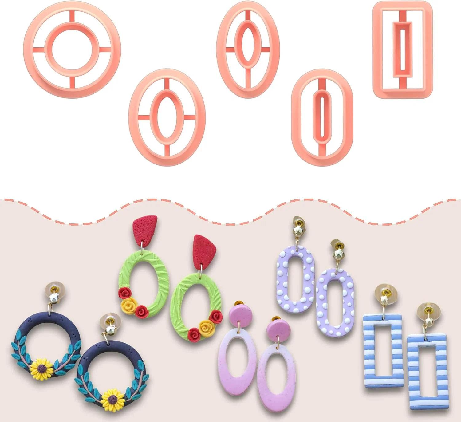 ابزار سفالگری گوتو، برشگرهای خمیر پلیمری بیضی، گرد و مستطیل شکل برای گوشواره، برشگرهای خمیر دونات، مجموعه 5 عددی برشگر خمیر برای ساخت جواهرات