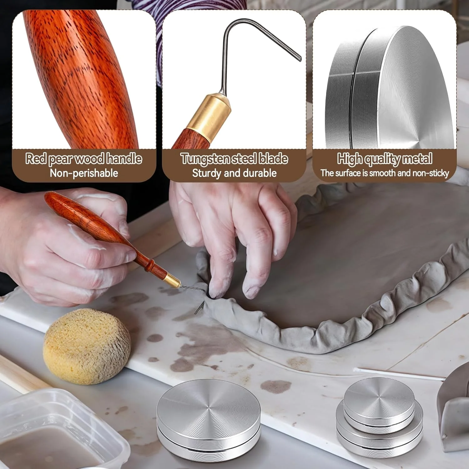 کیت ابزار پرداخت سفالگری SYWAN، ابزار سفالگری تنگستن L شکل + ابزار چرخان پرداخت (30mm/38mm/45mm) کاتر روبان چوب مرجانی آفریقایی برای هنرمندان سفالگر