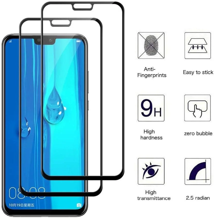 MIBQM [بسته 3 عددی] محافظ صفحه نمایش پوشش کامل 5D برای Huawei Y3 Y5 Y6 Y7 Prime Y9 Pro 2018، شیشه حرارت دیده، برای Huawei Y7 Y9 2019 شیشه چسب کامل برای Huawei Y9 2019