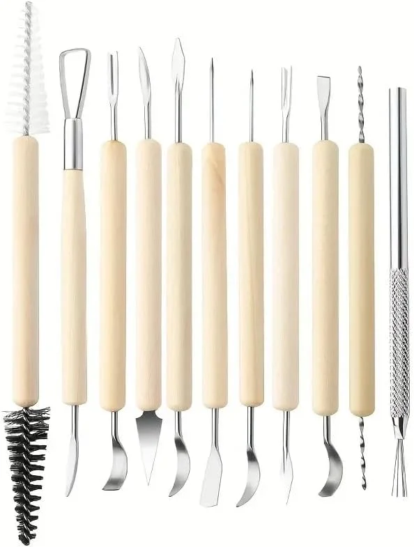 ست ابزار مجسمه سازی حرفه ای خاک رس، ۱۱ تکه، استیل ضد زنگ با دسته های چوبی، برای سفالگری، حکاکی، مدل سازی